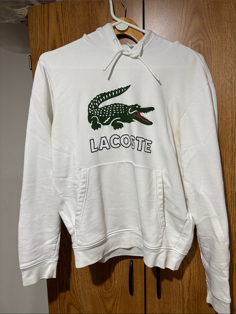 Lacoste White Hoodie with Green Crocodile and Black Logo